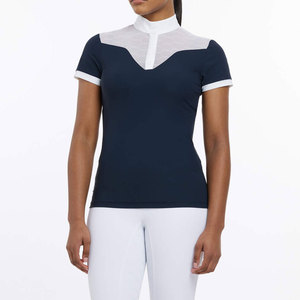 Camisa de equitación azul marino para mujer, manga corta, cuello alto, con bloques de color, transpirable, tejido de punto. - Product Image 2