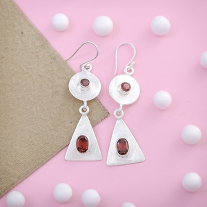 Natural <b>Garnet</b> Gemstone 925 Sterling Silver Dangle Drop <b>Earrings</b> Handmade Geometric Triangle Jewelry - Product Image 1