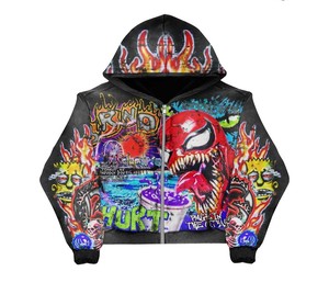 Sweat à capuche zippé personnalisé vintage délavé à l'acide 100% Coton Écologique Coupe-vent Brodé Imprimé Clouté Robuste - Product Image 4