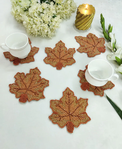 Handmade <b>Beaded</b> Leaf <b>Coasters</b> Eco-Friendly Luxury Orange Fall Traditional Indian Design Fabric Placemats Set of 6 - Product Image 6
