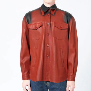 Men's Red Leather <b>Shirt</b> Long Sleeve Workwear Style Turn-down Collar Solid Color Casual <b>Shirt</b> Autumn Wear - Product Image 5