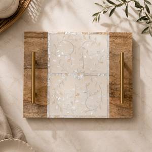 Bandeja de servir de madera con incrustaciones florales de nácar, organizador decorativo rectangular para mesa de desayuno con asas de metal - Product Image 1