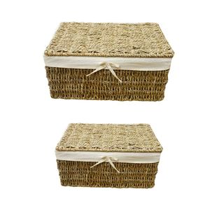 Wicker SEAGRASS STORAGE <b>BASKET</b> with Lid Cotton Liner Metal Frame <b>Gift</b> Box <b>Basket</b> Set - Product Image 1