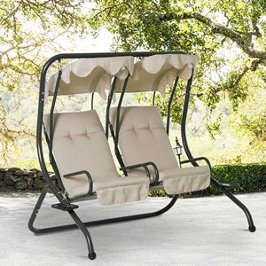 Moderna Sedia a Dondolo da Esterno Beige a 2 Posti con Portabicchieri e Tettuccio Rimovibile - Product Image 2