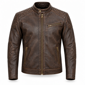Veste Café Racer marron pour homme avec col à boutons-pression, panneaux d'épaule matelassés, patchs aux coudes, poches zippées et ferrures en laiton - Product Image 1