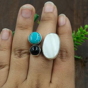 Anillo de Plata de Ley 925 con Perla de Agua Dulce, Ónix Negro y Turquesa, Anillo Ajustable, Regalo de Joyería - Product Image 6