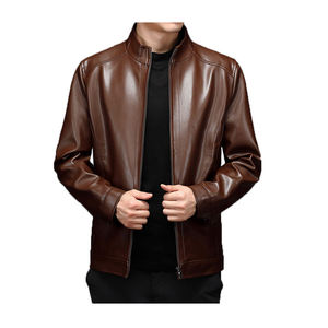 Blouson moto en cuir PU marron pour homme, col roulé, fermeture éclair, coupe classique, style décontracté hiver, couleur unie - Product Image 4