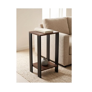 Modern Industrial Dark <b>Walnut</b> Accent <b>Table</b> 2 Layer Square <b>Coffee</b> <b>Table</b> with Wide Matte Black Steel Legs and Inset Timber Decks - Product Image 1