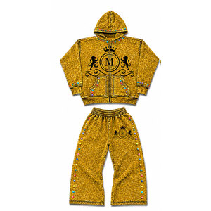 Conjunto Deportivo para Hombre, Dorado, Lavado Ácido, con Capucha, Manga Larga, 100% Algodón, Sudadera con Pedrería, 450 Gsm, Decorado, Estilo Urbano, Casual - Product Image 3