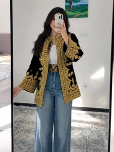 Cárdigan de terciopelo negro bordado con patrón dorado, chaqueta holgada con mangas farol para mujer, ropa informal para todas las estaciones - Product Image 2