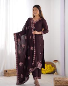 Heavy Pure Chinon Silk 5mm Sequence Embroidered Top Elastic <b>Pants</b> Lace Border Dupatta <b>Three</b> Piece Stitched Suit Set HHI 5005 - Product Image 3
