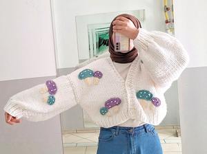 <b>Women's</b> <b>White</b> Hand Knitted <b>Cardigan</b> With Mushroom Appliques Puff Sleeve V Neck Crop Length Casual Sweater - Product Image 4
