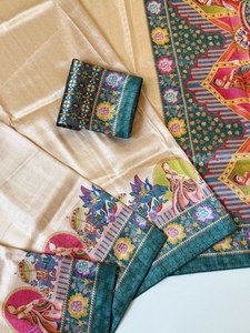 Sari indien traditionnel en soie avec imprimé numérique floral et motif paon pour mariage, longueur au sol, pour femmes - Product Image 2