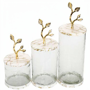 Set Of 3 High Standard Quality Metal Stylish Designer Golden Finished Top Lid With Leaves Design Clear Glass <b>Canisters</b> - Product Image 1
