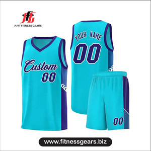 Ensemble de maillots de basket-ball personnalisés Just Fitness Gears, turquoise et violet, col en V, sans manches, en mesh, uniforme respirant pour adultes - Product Image 1