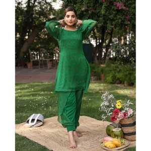 Conjunto de Kurta de Crepé Transpirable Verde Brillante para Mujer, Talla XS - Product Image 1