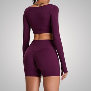 Women Yoga Set Long Sleeve V-Neck Crop Scrunch Back Shorts Activewear - Product Image 6