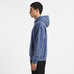 Hoodie unisexe oversize en polaire polyester/coton bleu uni délavé à l'acide, anti-boulochage, coupe régulière, longueur standard, coupe-vent, hiver - Product Image 4