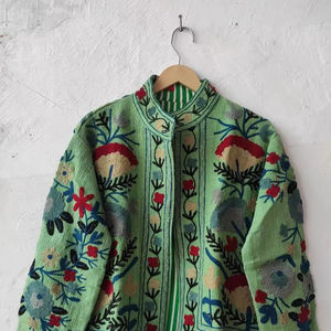 Chaqueta Bordada Suzani Verde Hecha a Mano, Abrigo Boho Indio, Chaqueta Corta Suzani Vintage, Blazer Bordado para Mujer, Abrigo TNT - Product Image 1