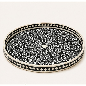 Plateau rond en nacre incrustée, mosaïque florale noire, plateau décoratif pour table basse, plateau de service pour salon, fabricant - Product Image 5