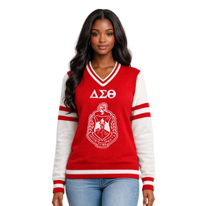 Maglione con Scollo a V Delta Sigma Theta per Donne, Vestibilità Comoda, Tessuto Premium, Abbigliamento Casual per Confraternite Greche - Product Image 1