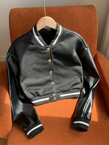 Black <b>Short</b> Knitted Cropped Varsity College Baseball Women's Wool Blend Cowhide Leather Sleeves Streetwear Fashion Outerwear OEM - Product Image 4