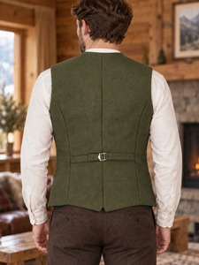 Gilet formel en laine pour homme, col en V, vert olive uni, court, respirant, simple boutonnage avec boutons, pour l'automne - Product Image 2