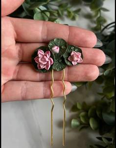 Épingles à cheveux en forme de fleur de lotus, accessoires pour cheveux dorés, barrettes florales roses pour mariage et fête - Product Image 1