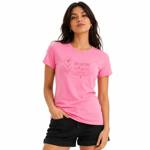 Camiseta de Algodón para Mujer, Cuello Redondo, Corte Regular, Color Rosa Sólido, Informal, Manga Corta, Primavera Verano, Tejido Jersey Transpirable, 200g - Product Image 5