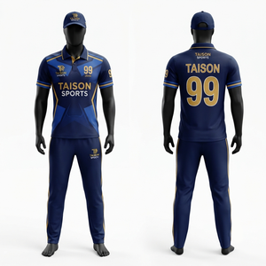 Uniforme de Cricket para Hombre, Premium, de Malla Transpirable, Poliéster 160 GSM, Azul Marino con Paneles Dorados, Manga Corta, Ropa Deportiva, Logotipo Personalizado - Product Image 1