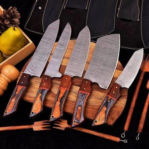 Ensemble de couteaux de cuisine professionnels en acier Damas fait main sur mesure, 5 pièces, avec manche en bois et étui en cuir, couteaux de camping - Product Image 3
