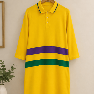 Robe polo décontractée en coton éponge pour femmes avec manches trois quarts, robe jaune inspirée du Mardi Gras avec des touches violets et verts audacieux - Product Image 1