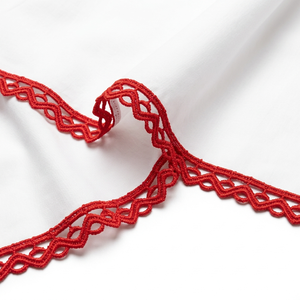 Dentelle guipure zigzag rouge vif 10 mm, écologique, 100 % polyester, OEM disponible, emballage de 20 mètres, accessoires pour chaussures et animaux de compagnie - Product Image 1