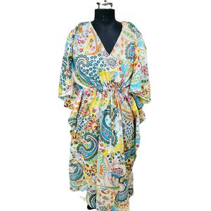 Caftán Largo Vintage de Algodón con Estampado Jaipuri de Textil Rajasthani, Decoración con Cordón, Media Manga, Dobladillo Acampanado, Corte Holgado para Mujer - Product Image 1