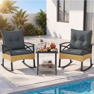 Ensemble de 3 chaises à bascule en rotin d'extérieur avec table d'appoint à 2 niveaux pour jardin et cour - Product Image 3