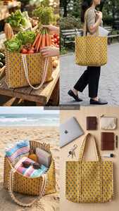 Wholesale Jaipur Hand Block Print Quilted Cotton Tote <b>Bag</b> <b>Women</b> Yellow Floral Large Shoulder Travel <b>Beach</b> Shopping <b>Bag</b> - Product Image 5