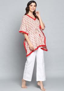 ชุดนอนยาวถึงพื้นผ้าคอตตอน100% ลายดอกไม้สีแดงงาช้างผ้าทอมือรอบเอวธรรมชาติพิมพ์ลายบล็อก - Product Image 4