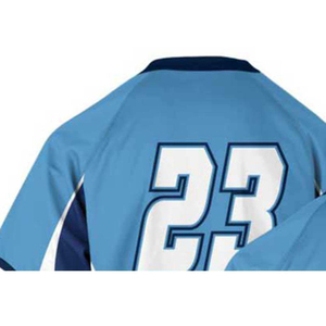 Maillot de lacrosse sublimé à col en V, blanc et bleu, imprimé géométrique, anti-humidité, unisexe adulte, manches courtes, vêtement de sport OEM - Product Image 6