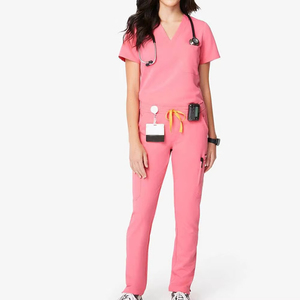 Ensemble de blouses médicales noires pour femmes, haut à col en V à manches courtes et pantalon à cordon avec plusieurs poches, uniforme professionnel pour hôpital - Product Image 3