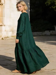 Women Loose Fit Green <b>Boho</b> Maxi <b>Dress</b> <b>Long</b> Sleeve Round Neck Cotton Linen Plain Elegant Summer <b>Dress</b> - Product Image 2