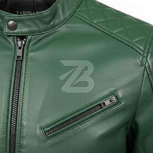 Zarina Wear Men <b>Genuine</b> Leather Jacket Forest Green Quilted Shoulder Biker Moto Stand Collar Zip Up OEM Men's Jackets - Product Image 4