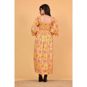 Vestido Maxi Amarillo Boho Floral de Algodón para Mujer, Cintura Elástica Fruncida, Manga 3/4, Decoración Floral, Hecho a Mano en India, Ropa de Verano - Product Image 6