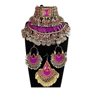 Parure de bijoux ethniques afghans Kuchi pour femme, style antique afghan, avec collier à pampilles et pièces de monnaie, boucles d'oreilles et tikka, pour mariage, fête ou l'Aïd - Product Image 1