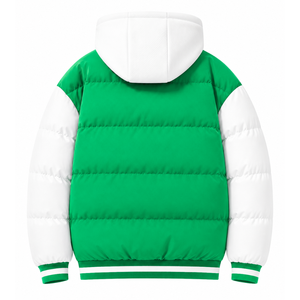 Custom Iota Phi Lambda sorority Puffer <b>jacket</b> embroidered logo on front green and <b>white</b> color full sleeve <b>jacket</b> <b>for</b> female - Product Image 3