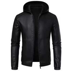 <b>Men's</b> <b>Leather</b> Waterproof Stand Collar Moto <b>Jacket</b> Zipper Closure Slim Fit Windproof Autumn Style Solid Color Regular Length - Product Image 1