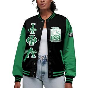 Veste universitaire personnalisée pour femmes Iota Phi Lambda, noire et vert émeraude, avec lettres, écusson, numéro et année, style bomber pour sororité - Product Image 1