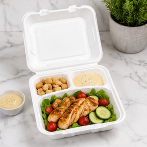 8 x 8 Inch Three Compartment Bagasse Clamshell Box Compostable Disposable Sugarcane Fiber Food <b>Container</b> for <b>Takeaway</b> Catering a - Product Image 3