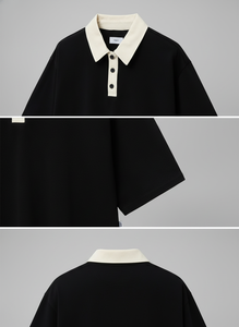 Custom Logo <b>Men's</b> Casual Polo Shirt Black with White Contrast Collar Streetwear Short Sleeve T-Shirt - Product Image 2