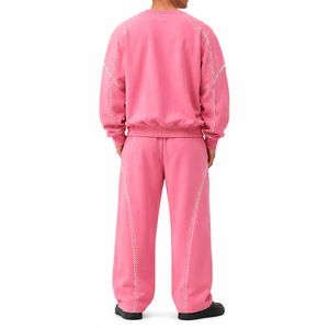 Wholesale Men's <b>Pink</b> Rhinestone Trim Tracksuit Set 2PC Crewneck <b>Sweatshirt</b> Wide Leg Pants Cotton Fleece Custom Logo Manufacturer - Product Image 2