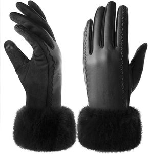 Leather <b>Gloves</b> for Women, Warm Winter <b>Gloves</b> Women with Plush Cuff, Touchscreen Womens <b>Gloves</b> for Cold Weather - Product Image 1